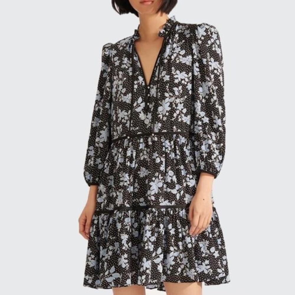 Veronica Beard Hawken Dress Size 4 Black Blue Floral Silk Long Sleeve Dress